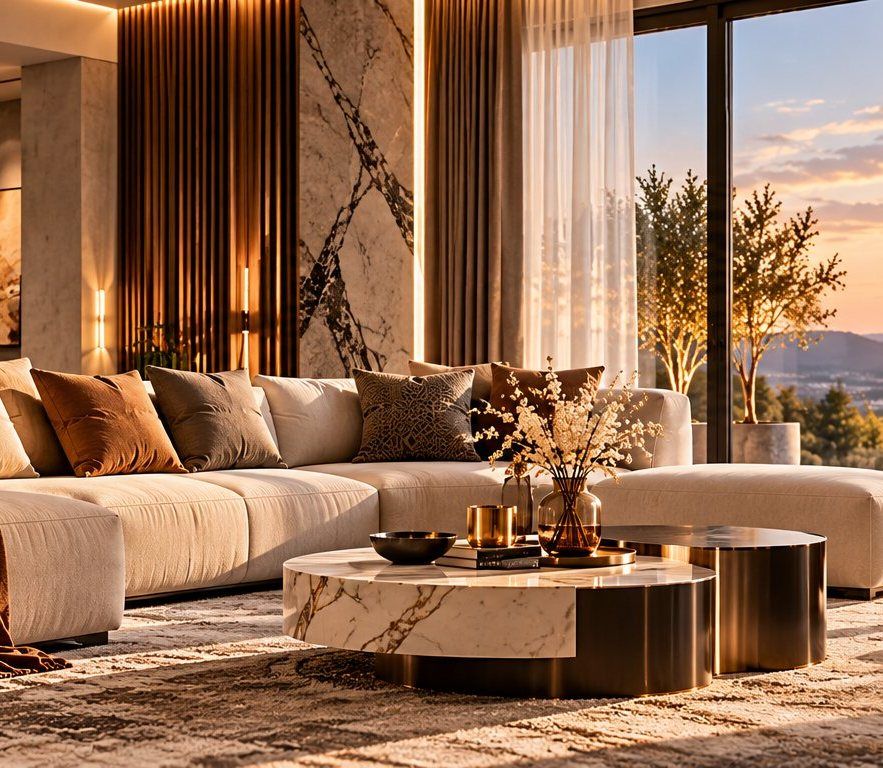 Modernes Wohnzimmer mit großem Ecksofa und Panoramafenster