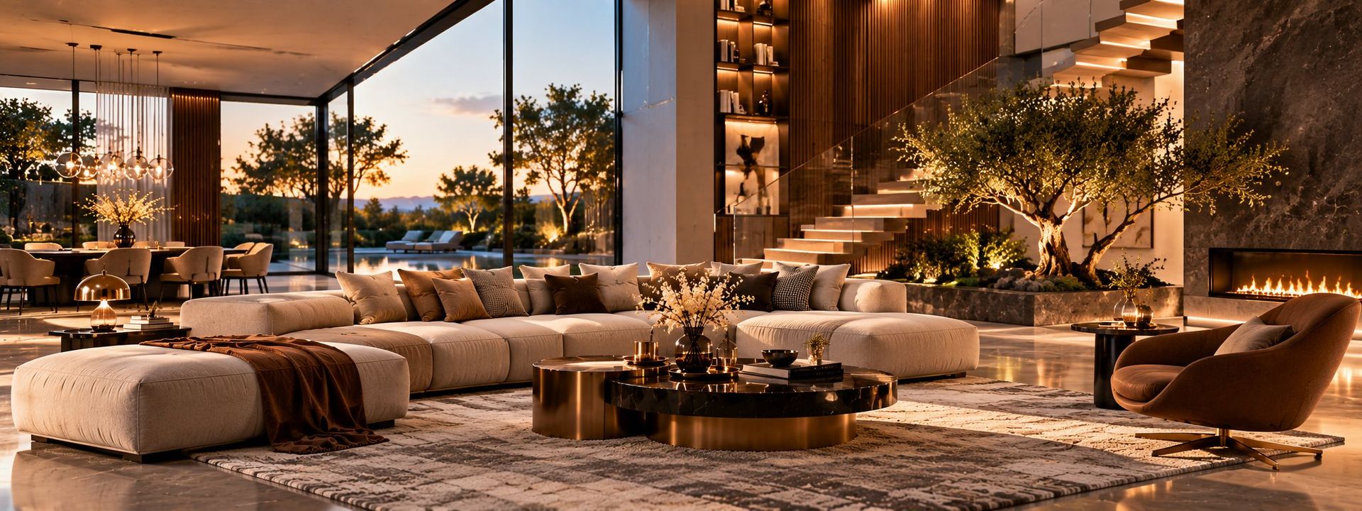 Elegantes Wohnzimmer mit Ecksofa, Kamin und Treppe