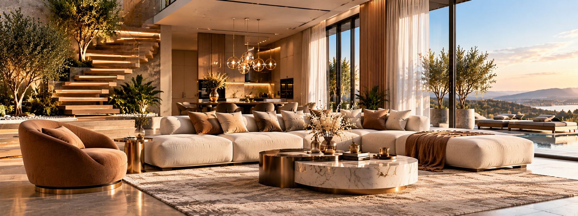 Lichtdurchflutetes Wohnzimmer mit Ecksofa und Blick ins Grüne